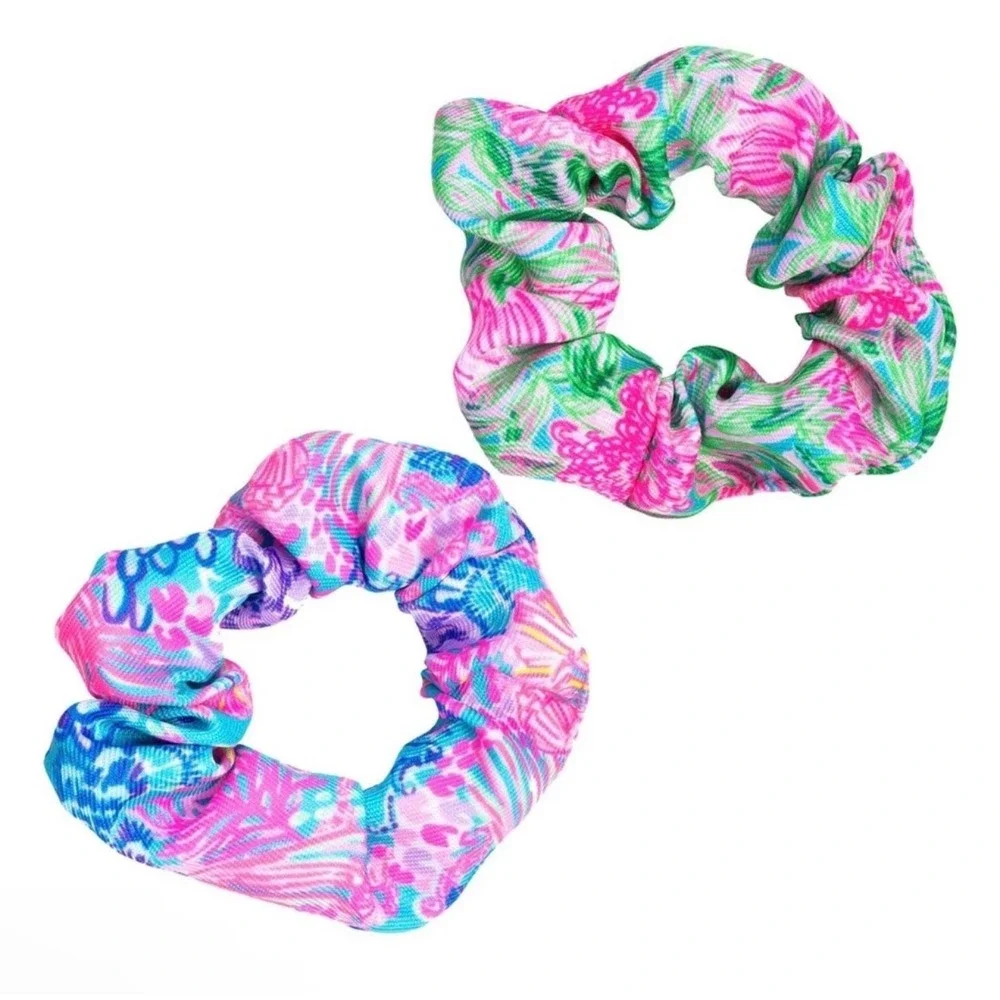 Lilly Pulitzer Silky Scrunchie Set of 2 Multicolored Pink Floral Hair Ties New